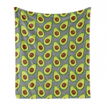 Avocado Soft Flannel Fleece Blanket, Pattern with Delicious Vegan Elements on Monochrome Zigzag Background Print, Cozy Plush for Indoor and Outdoor Use, 70" x 90", Black Brown Green, by Ambesonne
