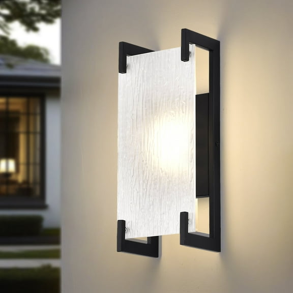 Black LED Outdoor Wall Light – 12W Waterproof Porch Light with Sand-Textured Finish & Rippled Glass, 3000K Warm White Exterior Light for Garage, Patio, Garden, Stairs