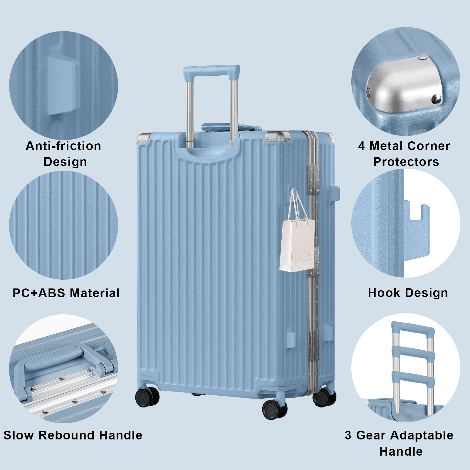 Checked Luggage PC ABS Aluminum Frame Hardside Zipperless Suitcase with Wheels TSA Lock 24 inch Blue