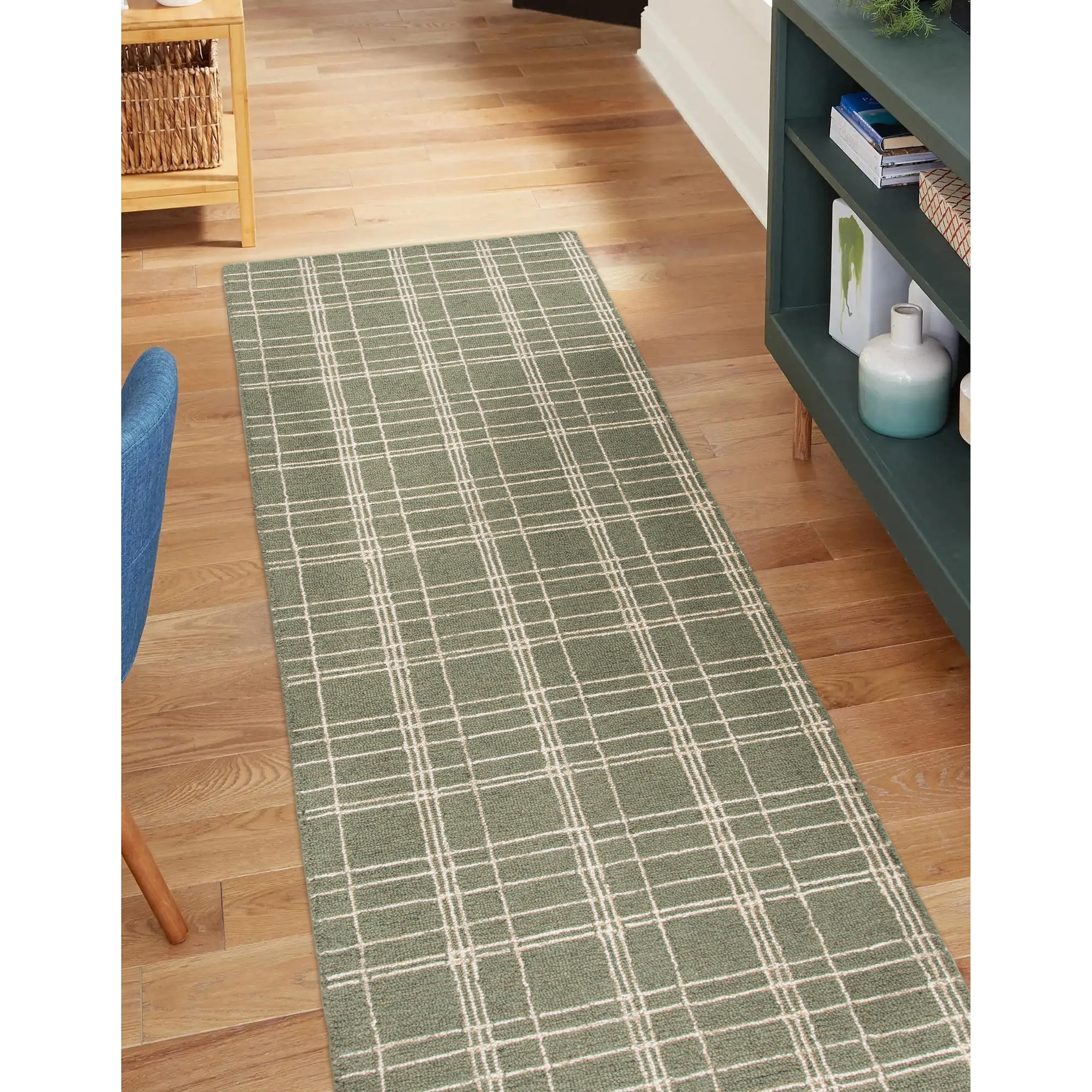 Better Homes & Gardens Lt Green Plaid Wool Indoor Runner Rug, 2'6"x7'