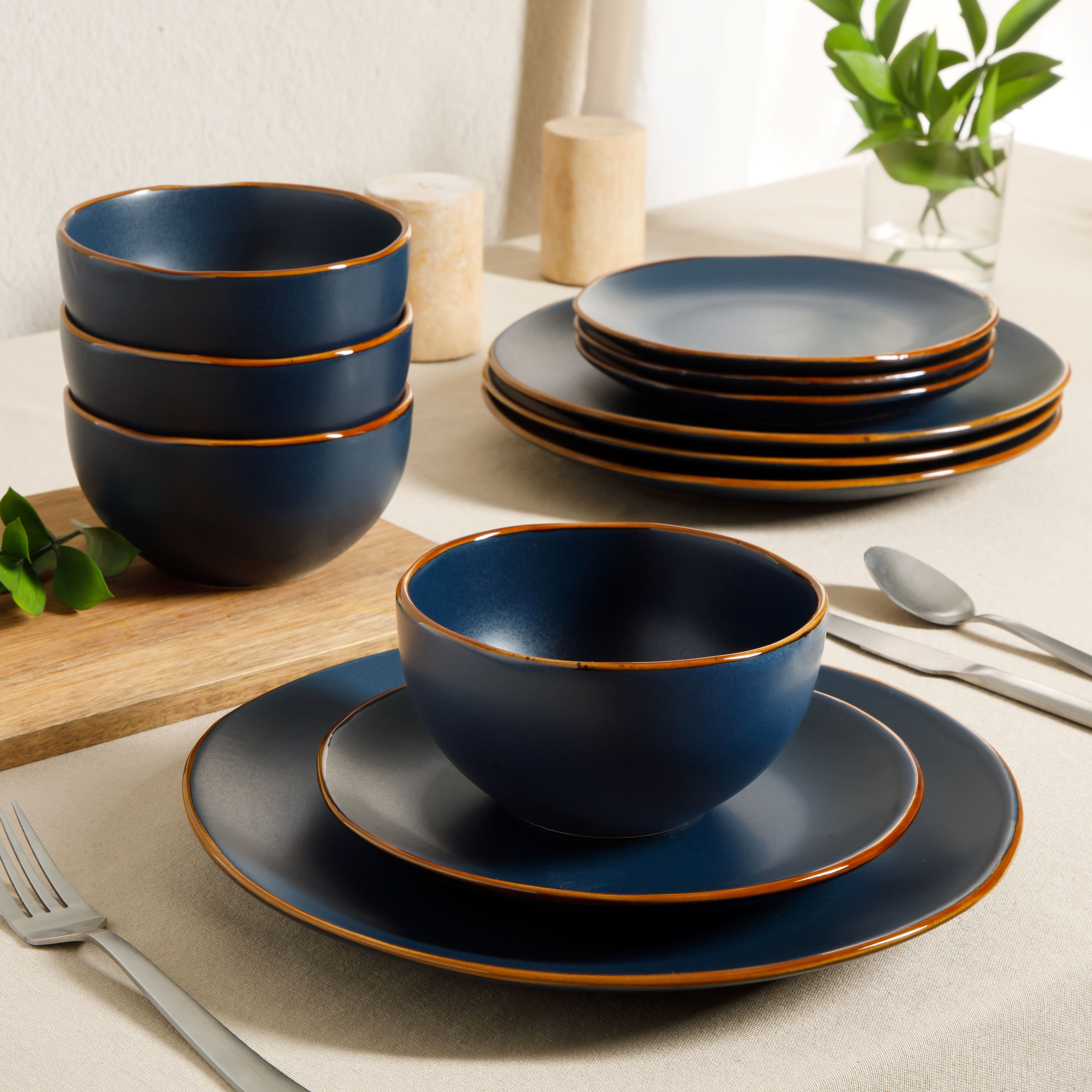 Gibson Home Hazeltine 12-Piece Matte Navy Ceramic Dinnerware Set