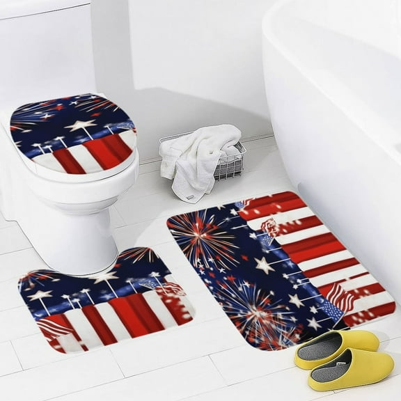 4th of July 3 Pieces Bath Mats Set, Non-Slip Washable Cover Floor Rug Decorations for Kitchen Bathroom Bedroom