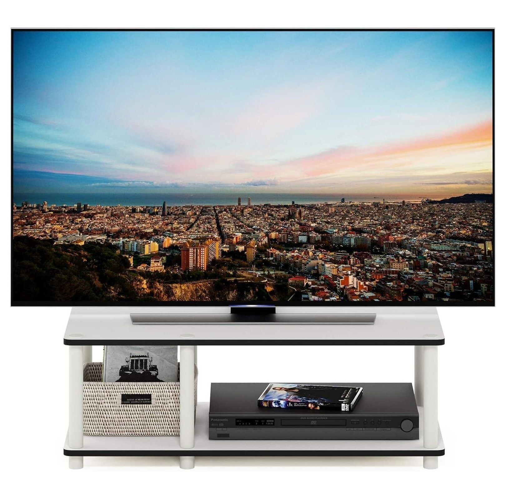 60 Inch TV Stand No Tools Assembly, White Entertainment Console for 32-65” TVs, Low Profile Media Console with Storage, Modern Living Room Furniture