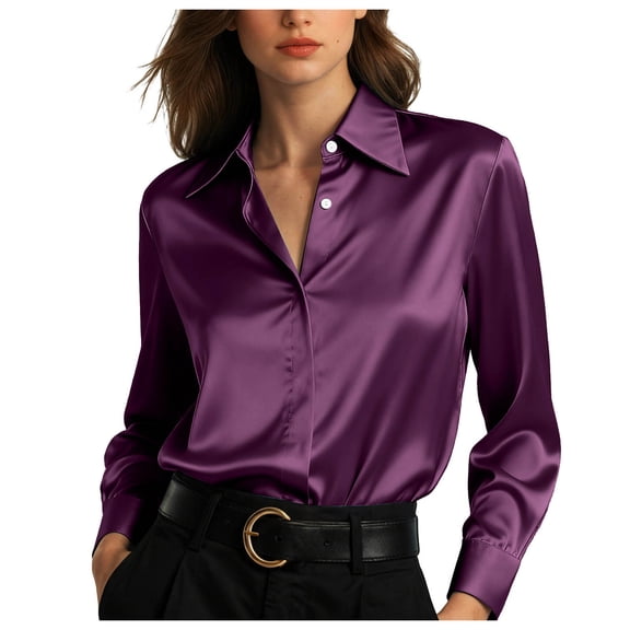 larppty Womens Satin Button Down Shirt Business Casual Long Sleeve Silk Blouse Collared Curved Hem Slim Fit Office Smooth Work Tops (Purple, S)