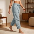 thumbnail image 5 of Utoimkio Women's Linen Jogger Pants Self Tie Bow Elastic Waist Dual Side Pockets Cuffed Ankle Casual Cropped Bottoms for Summer Daily Wear, 5 of 6