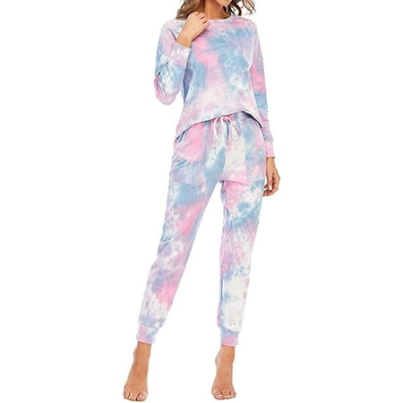 

CoCopeaunts Women Casual Pajamas Tie Dyed Loungewear Long Sleeve Wide Leg Long Pants Sweatsuit Pajamas 2 Piece Outfits