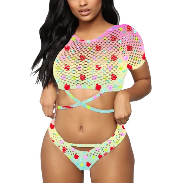 Conjunto de ropa sexy de dos piezas para mujer VISgogo, blusas cortas caladas de manga corta + bragas, negro/azul/rosado/amarillo VISgogo moda
