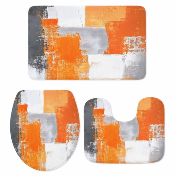 Burnt Orange Grey Bath Mat 3 Piece Bathroom Rug Set, Modern Oil Painted Abstract Art Non Slip Bath Rug Contour Mat and Toilet Lid Cover, Absorbent Shower Mats Soft Bath Rugs and Mats Sets