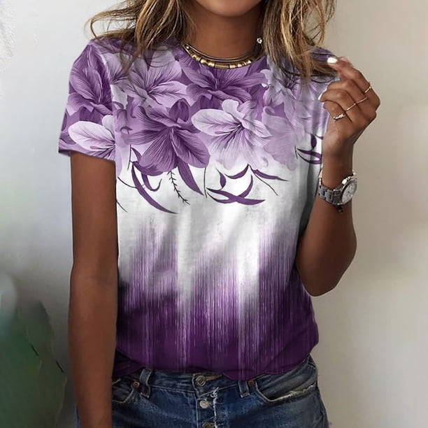 Fiudx Liquidación de Ahorros de Verano Camiseta Estampada a La Moda para Mujer, Blusa de Manga Corta, Tops Informales con Cuello Redondo