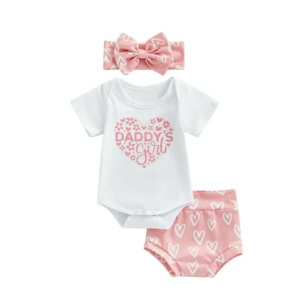 

Sunisery Infant Baby Girls 3Pcs Outfits Letter Print Short Sleeve Romper + Heart Print Shorts + Headband Sets White Pink 1 3-6 Months