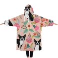 thumbnail image 2 of Oversized Wearable Blanket Hoodie,Pink Boston Terrier and Flower Sherpa Blanket Hoodie with Super Pockets,Super Warm Fuzzy Pullover for Women & Men, 2 of 6
