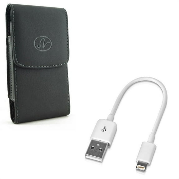 Short USB Cable w Case Belt Clip for iPhone 8/7/6S/6/11 Pro - Charger Cord Power Wire Fast Charge, Leather Holster Cover Pouch Vertical for iPhone 8/7/6S/6/11 Pro Models