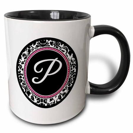 

3dRose Letter P stylish monogrammed circle - girly personal initial personalized black damask with hot pink - Two Tone Black Mug 11-ounce