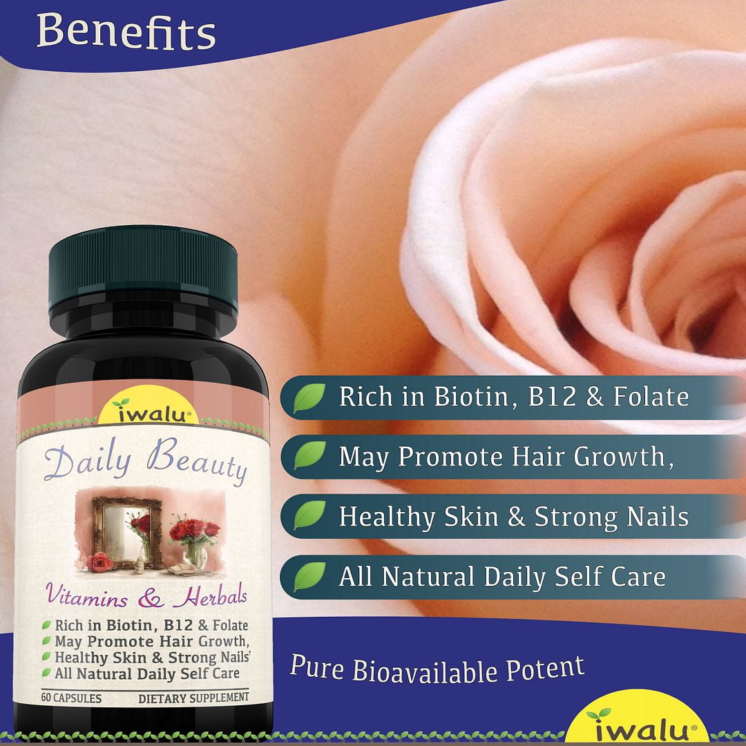 iwalu Daily Beauty | Hair Skin & Nails Vitamins | Botanical Supplement for Hair Growth, Radiant Skin, Strong Nails | Vegan, Non-GMO | 60 Vegan Capsules | NSF Certified & USA Made