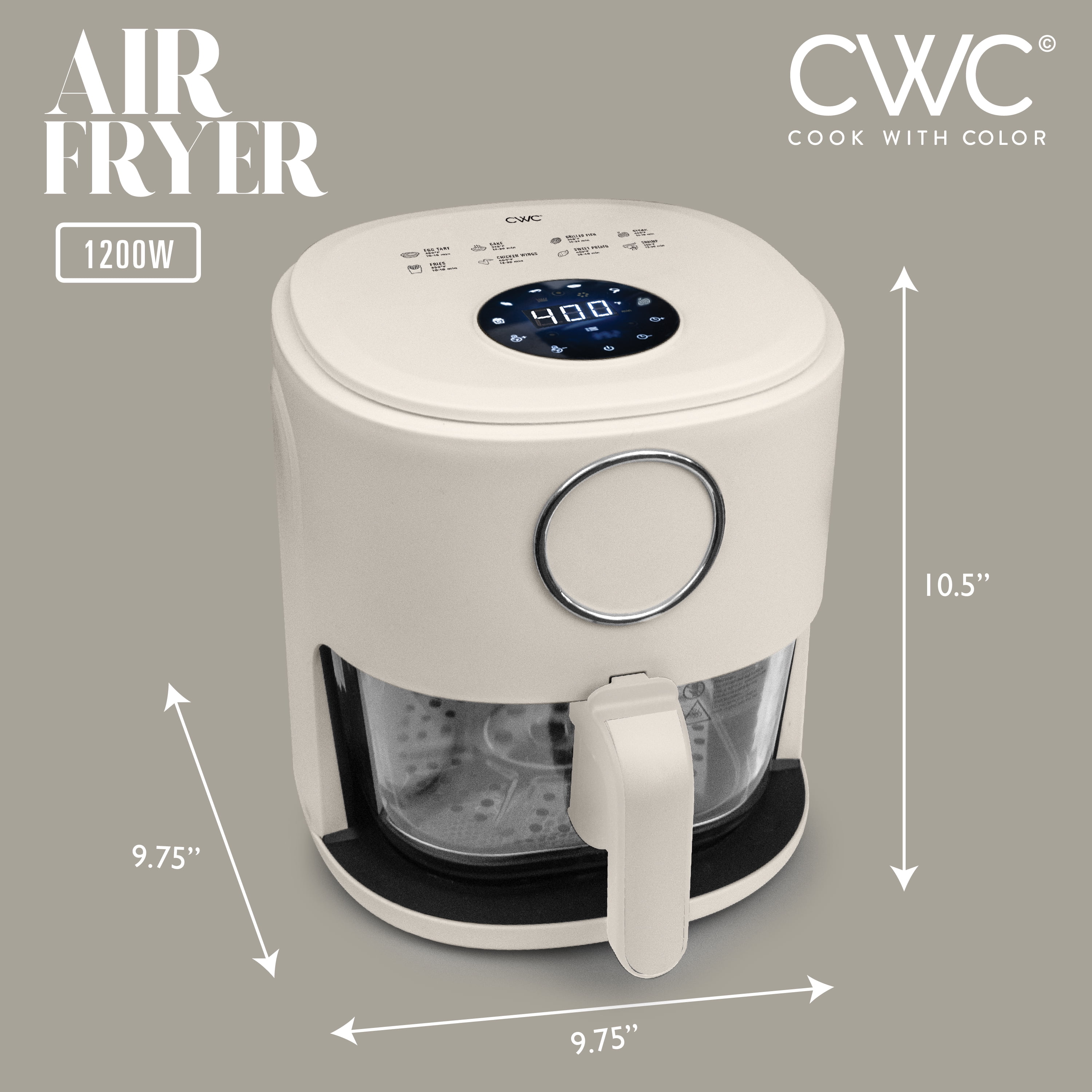 COOK WITH COLOR Air Fryer, 4Qt Glass Air Fryer, 1200W, 6 Presets, Cream
