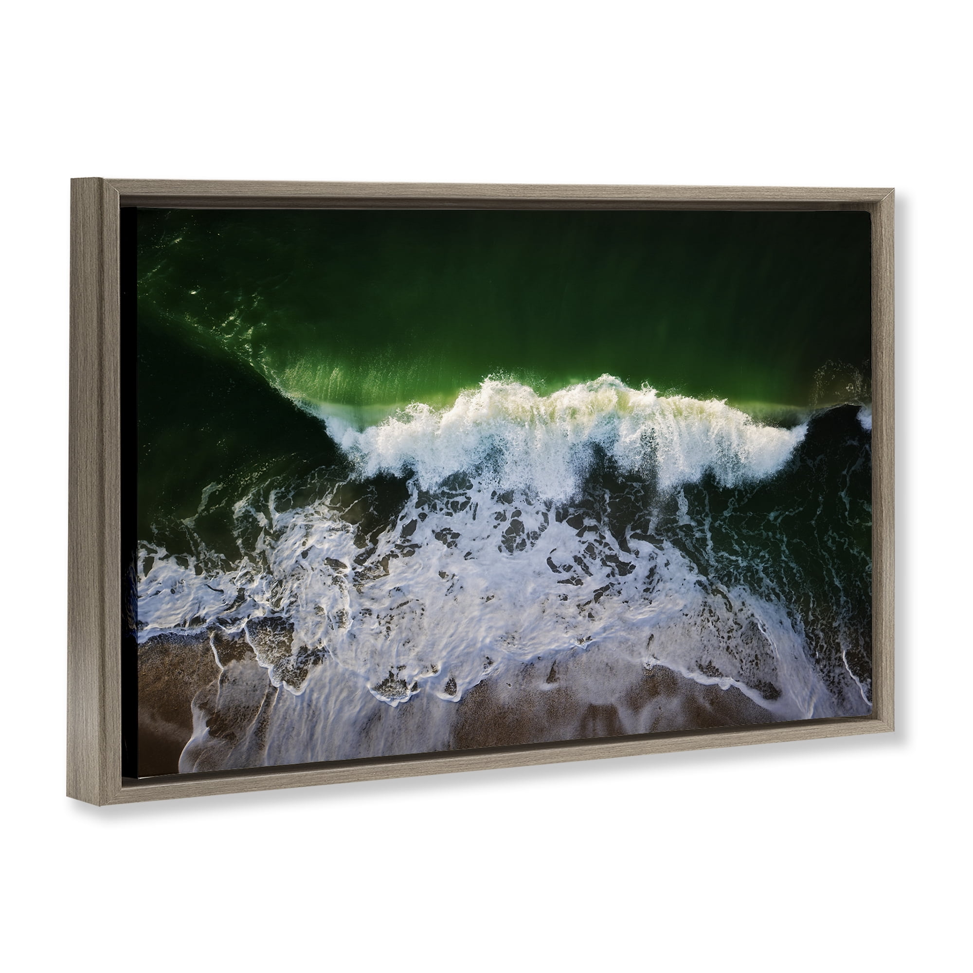Stupell Industries Deep Green Wave Splash Nautical & Beach Photography Brown Floater Framed Canvas Art Print Wall Art, 31 x 21