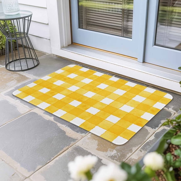Yellow Plaid Door Mat Indoor Outdoor, Watercolor Grid Checker Gingham Farmhouse Non Slip Welcome Mat with Rubber Backing, Absorbent Fabric Front Door Mats Entryway Rug for Home Patio Entrance 18"x30"