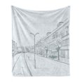thumbnail image 1 of City Soft Flannel Fleece Throw Blanket, Sketch of Urban Panorama Shopping Street District in Pastel Tone, Cozy Plush for Indoor and Outdoor Use, 70" x 90", Blue Grey Slate Blue, by Ambesonne, 1 of 6