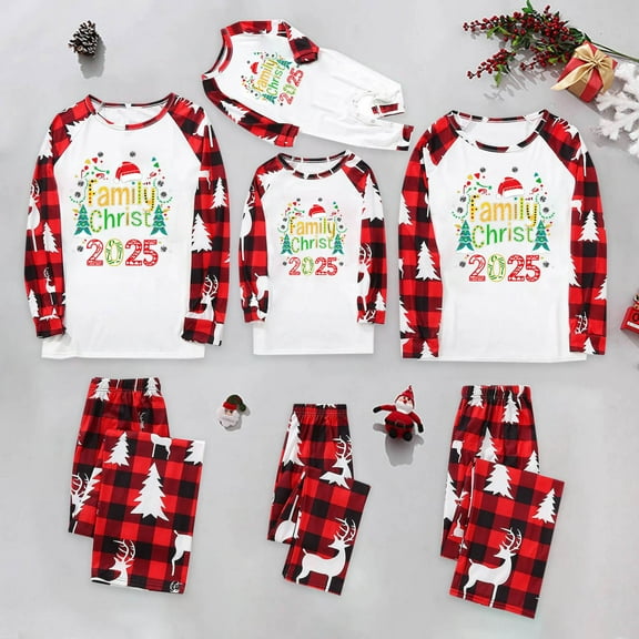 Odeerbi Christmas Pajamas for Family Holiday Long Sleeve Family Christmas Pajamas Matching Sets Dad Parent Child Outfit Printed Loungewear Two-Piece Sleepwear Xmas PJs Set White
