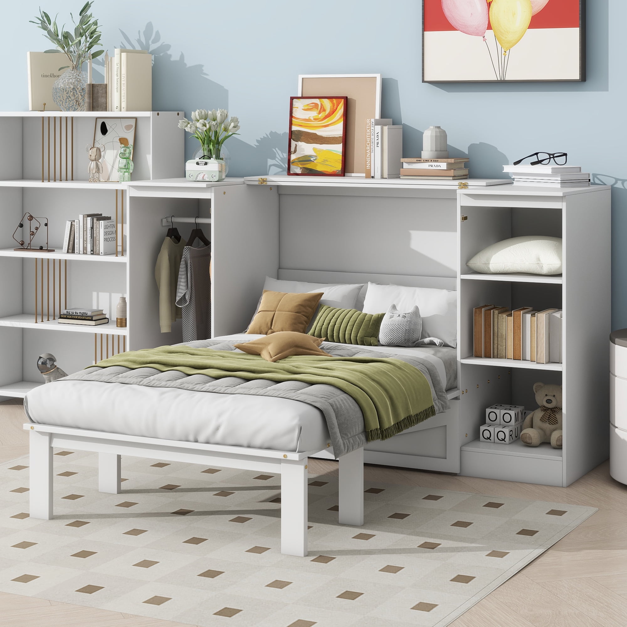 Euroco Twin Size Murphy Bed with Shelves and Drawers, Cabinet and Wardrobe, White