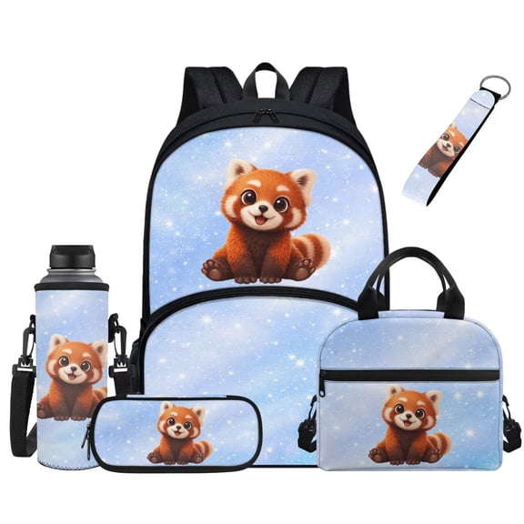 FUIALDOLG Lovely Red Panda Backpack for Girls Boys Bookbag 5 in 1 Set School Bag with Lunch Box Keychain Pencil Case Water Bottle Sleeve Cute Kawaii Bag Back Pack for Kindergarten Elementary School