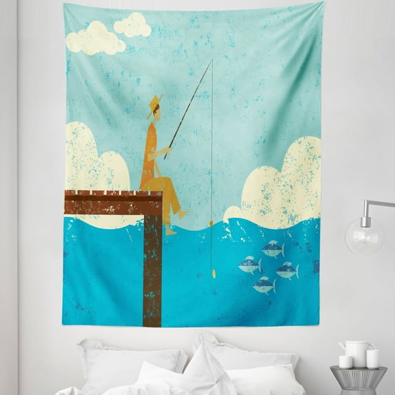 Fish Tapestry, Fishing Man with Rod Sitting on the Pier Little Fishes in the Sea Grunge Print, Fabric Wall Hanging Decor for Bedroom Living Room Dorm, 5 Sizes, Multicolor, by Ambesonne