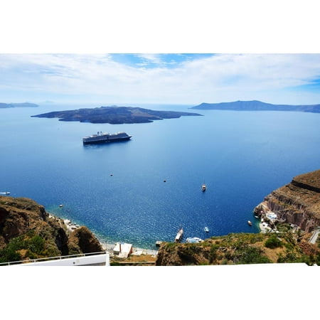 The View on Aegean Sea and Cruise Ship, Santorini Island, Greece Print Wall Art By