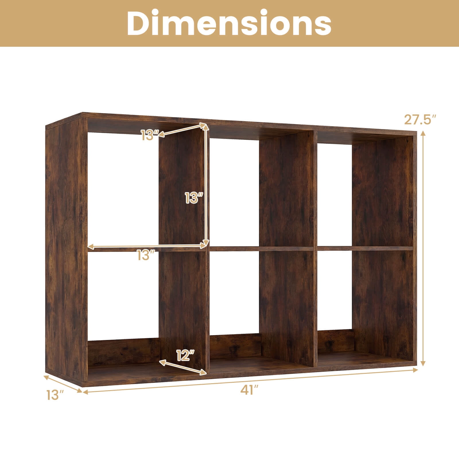 Costway 6-Cube Bookshelf, Modern Cubby Bookcase with Back Guardrail & Anti-tipping Kits Brown