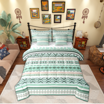 Manfei Vintage Boho 7pcs Bedding Comforter Set,Bohemian Geometric Queen Bedding Sets,Green White Queen Sheet Sets For Adult,Breathable Home Decor Reversible