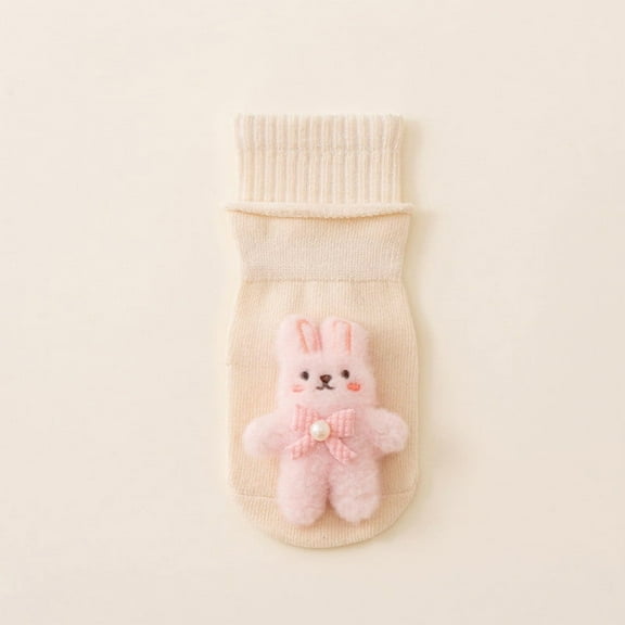 Avrnliq Cotton Kids Socks for Girls (0-3 Years, S/M) - White, 3D Fluffy Bunny Decor, Non-Slip Ribbed Cuff, Breathable Cute Socks for Daily Wear/Photography, 1 Pair,Size M
