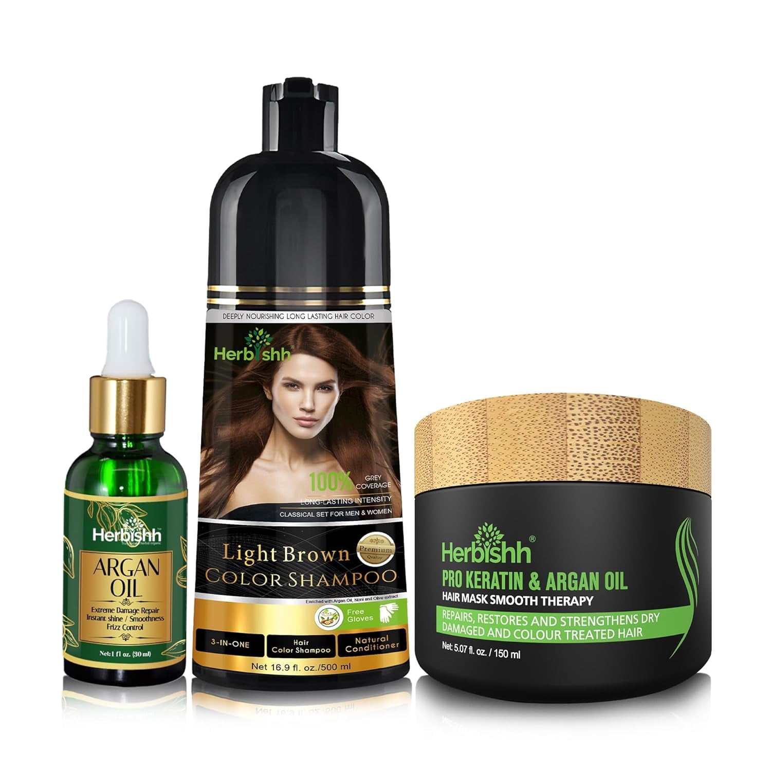 (4 pack) Herbishh After Color Shampoo Combo Contains Hair Color Shampoo Hair Dye 500ml Argan Oil 30ml Pro Keratin And Argan Hair Mask, Hair Straightening, Shine And Protection For Men And Women (Light Brown)