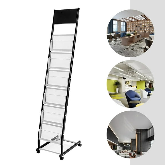 Magazine Holder, 6-Layer Rolling Display Stand with Metal Frame & Locking Wheels, Mobile Organizer for Books & Periodicals