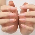 thumbnail image 2 of Uñas postizas medianas brillantes, uñas ovaladas diseñadas con línea abstracta, puntas de uñas francesas, almendra, linda cubierta completa, juegos de uñas postizas acrílicas para mujeres y niñas, 24, 2 of 6