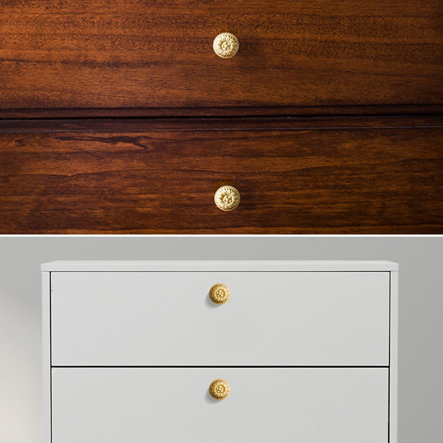 CATPAN 4PCS Vintage Brass Cabinet Knobs, Gold Dresser Drawer Knobs Kitchen Cupboard Bathroom Cabinet Round Handles Pulls for Home Cabinet Hardware Knobs