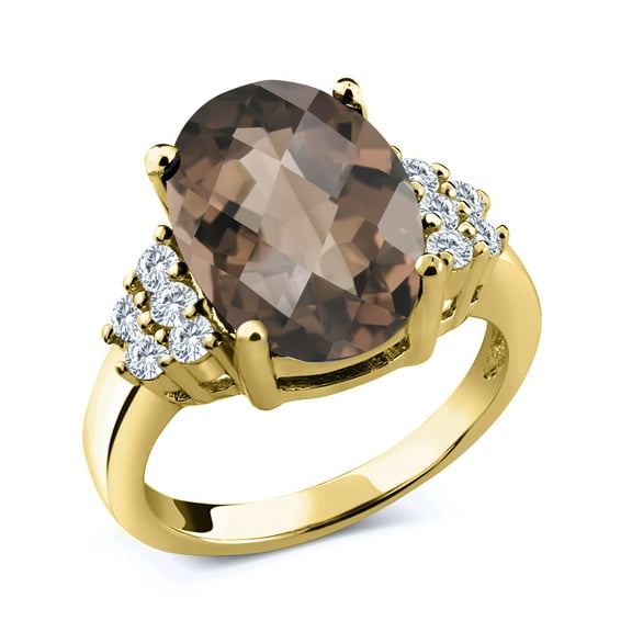 Gem Stone King 18K Yellow Gold Plated Silver Ring Oval Checkerboard Brown Smoky Quartz and Moissanite (5.18 Cttw, Size 6)