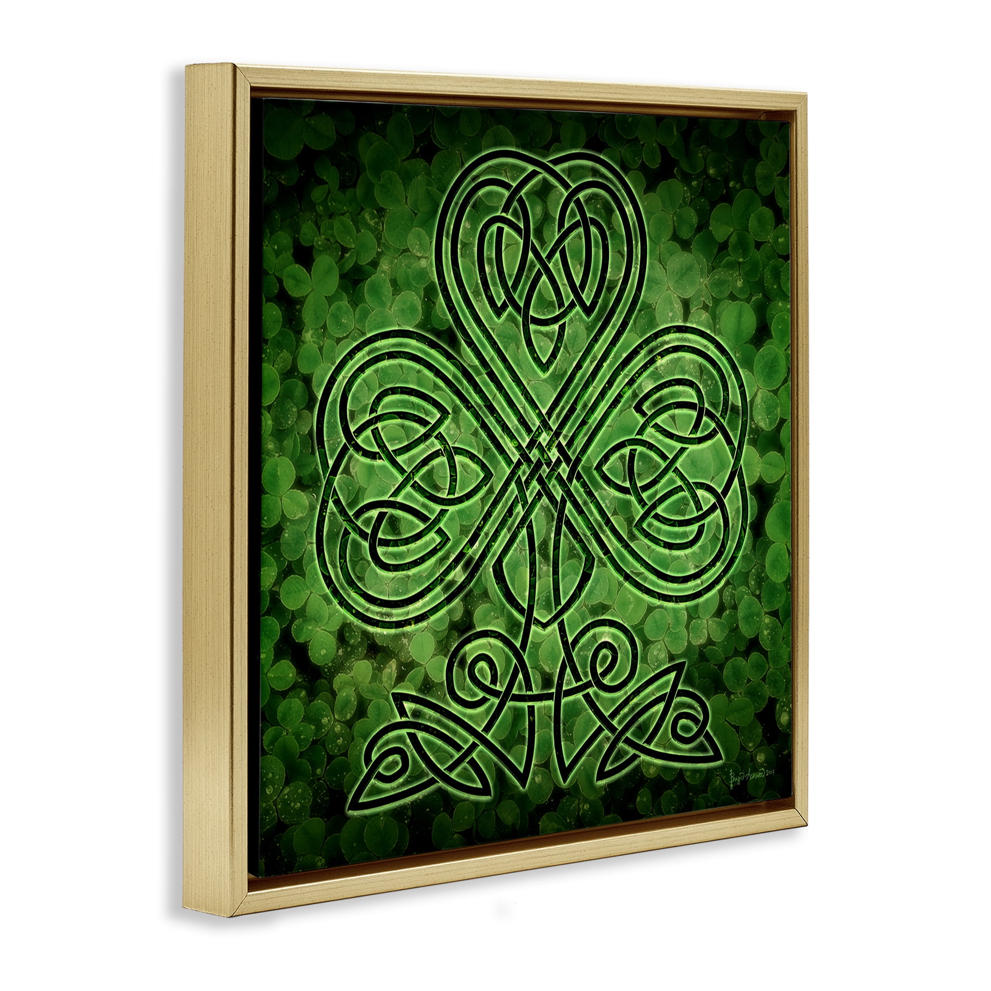 Stupell Industries Green Celtic Shamrock Knot Abstract Painting Gold Floater Framed Canvas Art Print Wall Art, 25 x 25