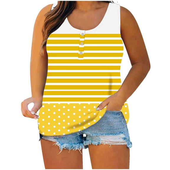Jalioing Tank Tops for Women Plus Size Striped Print Scoop Neck Button Tees Oversized Summer Casual Sleeveless Shirts