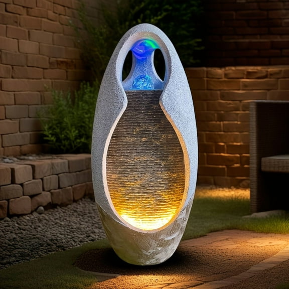 [Modern Fountain] 27.55 Inches Gray Modern Extra Large Floor Standing Fountain Waterfall | with Rotating LED Light Ball, Suitable for Home Living Room, Stairs, Corners, Decks and Porch Decoration