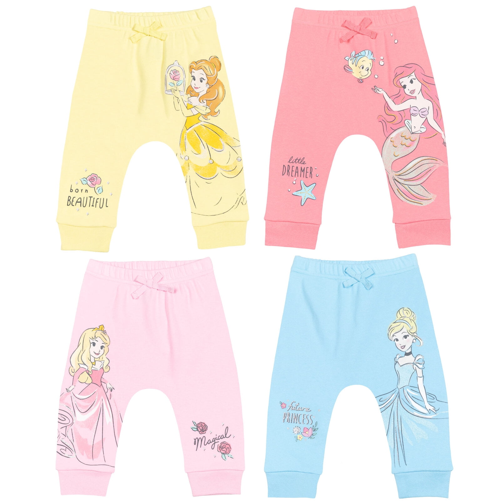 Disney Princess Cinderella Ariel Belle Aurora Newborn Baby Girls 4 Pack Pants 3-6 Months