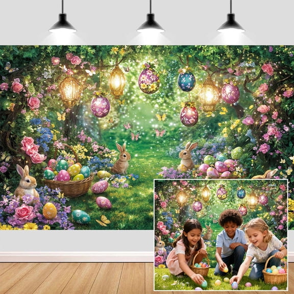 Easter Enchanted Forest Backdrop,Spring Floral Grass Lanterns Rabbit Colorful Eggs Wall Decor Banner,Fairy Garden Magic Party Decorations Photo Banner Booth,7x5FT