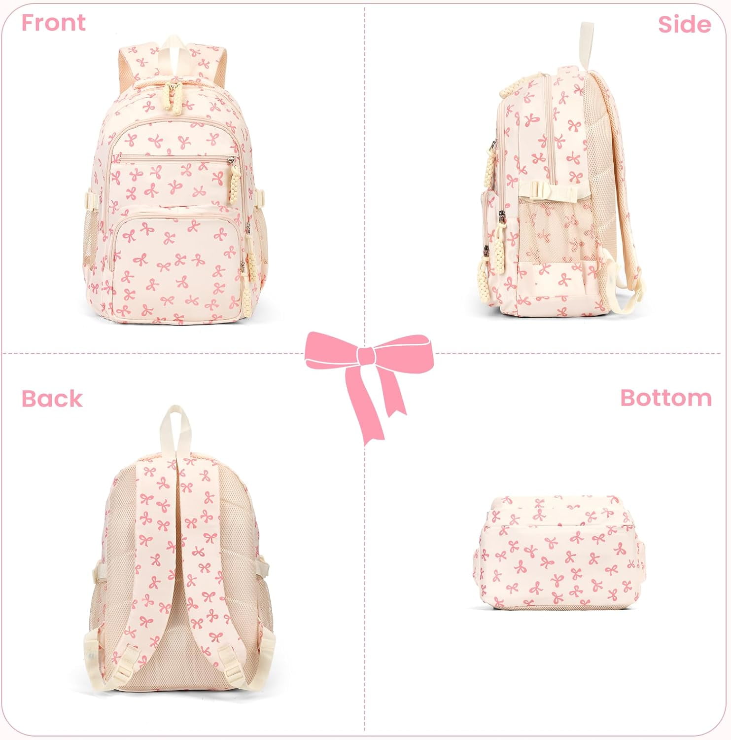 Lohol Coquette Aesthetic Backpack - Cute Kawaii Bow Rucksack for Women, Trendy & Lightweight Nylon Daypack (A01 Bow Pink)