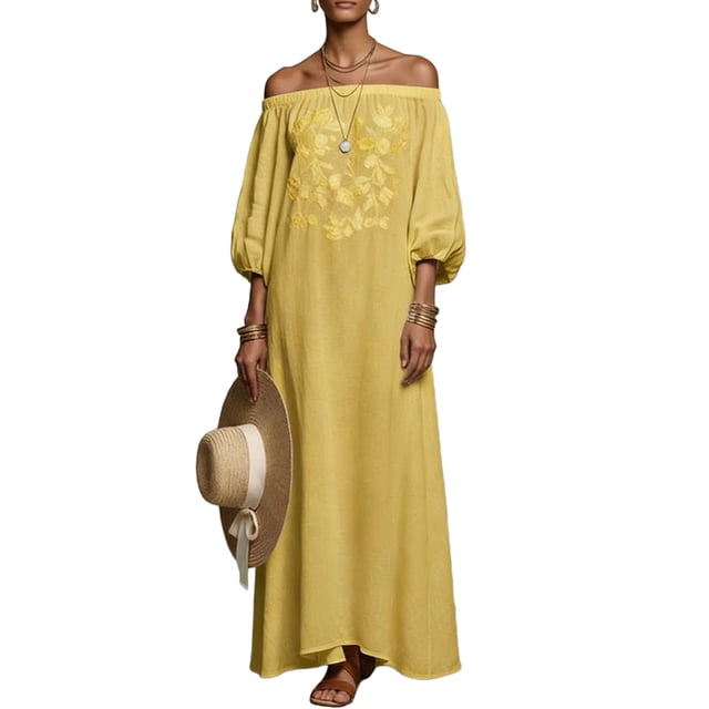 WRKEKC Summer Dresses for Women Solid Off Shoulder Puff Sleeve Embroidered Maxi Lightweight Summer Chic Soft