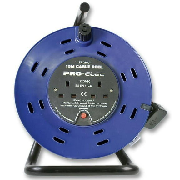 PRO ELEC - 15m Cable Reel, 5A Twin Socket