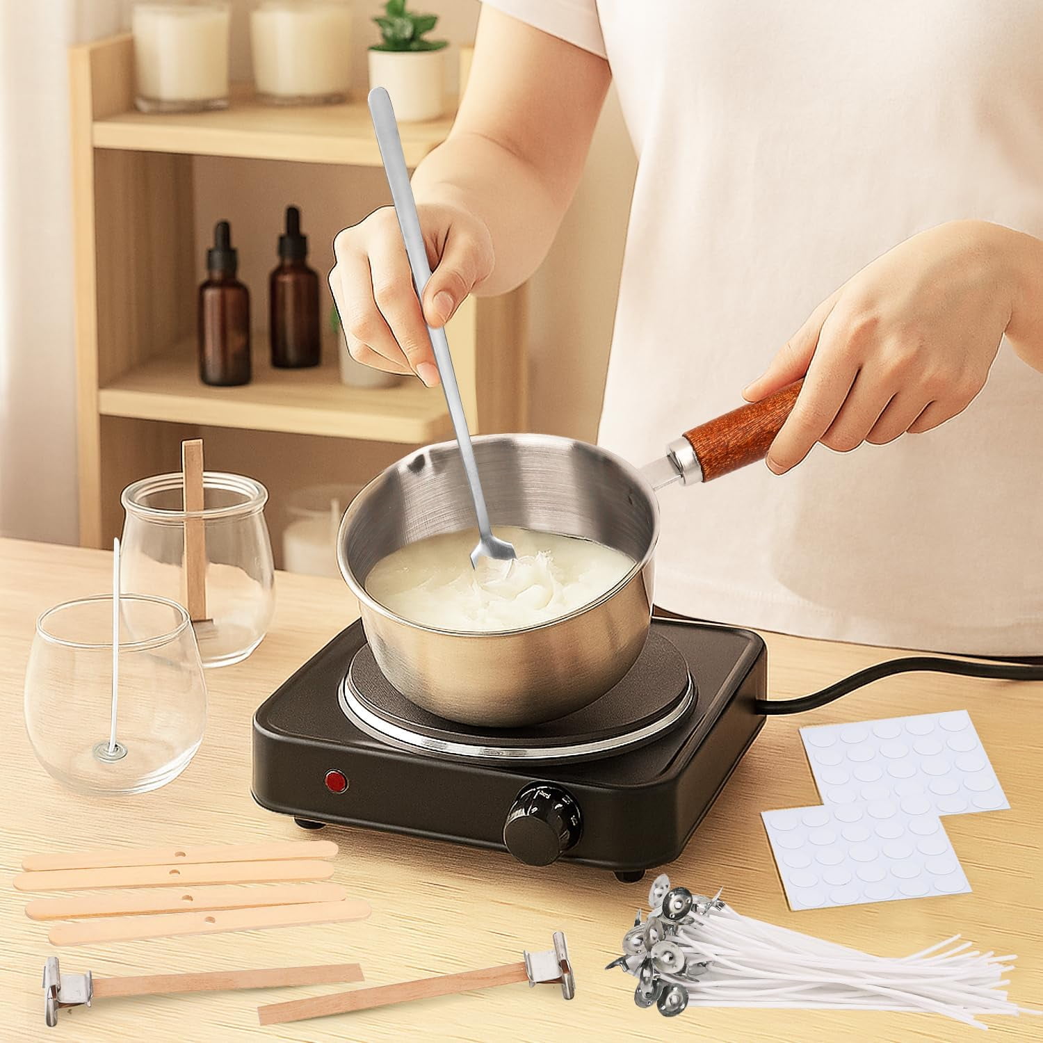 Candle Wicks for Candles Making Including Melting Pot 2 Types Wick Wick Stickers Wick Holders Wick Placing Tube All-in-One Starter Set DIY Soy Beeswax Paraffin