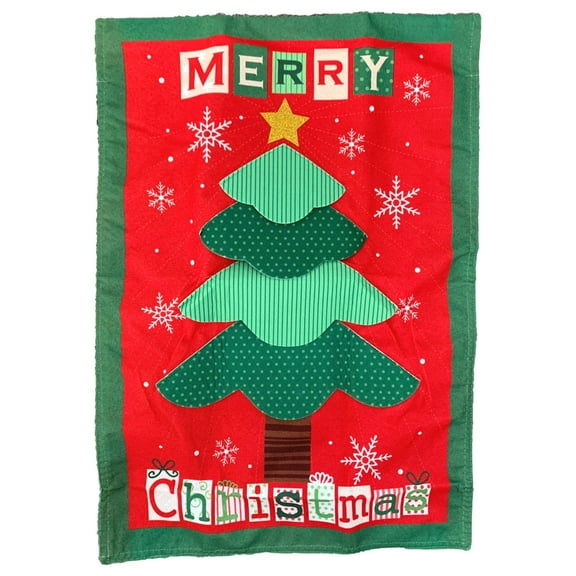 Merry Christmas Tree Quilt Holiday Garden Linen Flag 18x12.5 Inch