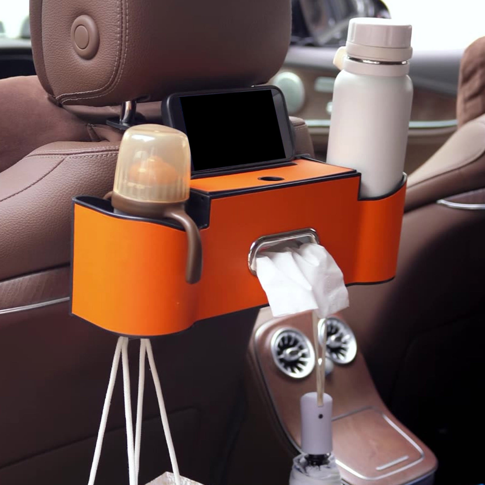 Car Backseat Organizer with Drink Holders & Hooks - 3-in-1 Storage Box for Tissues, Phone & Purse - Universal Headrest Attachment for Cars, SUVs & Trucks