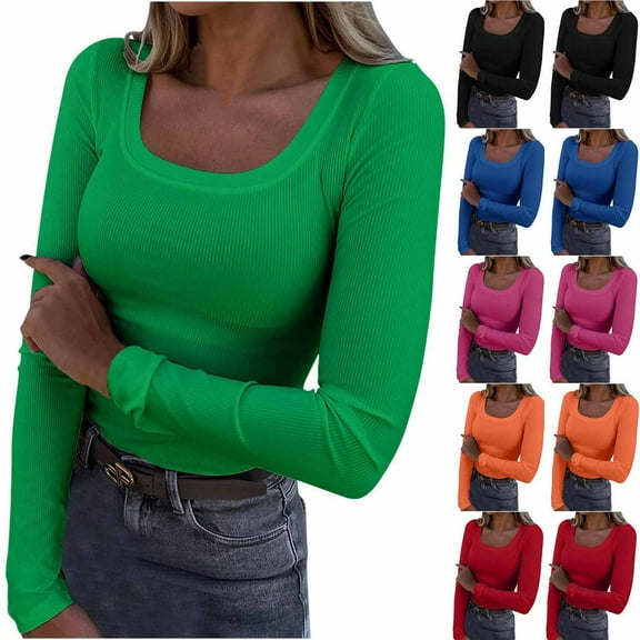 Aboser Women's Ribbed Shirt Slim Fit Scoop Neck Basic Tees Soft Long Sleeve Shirt Going Out Tops Solid Color Casual Pullover Top