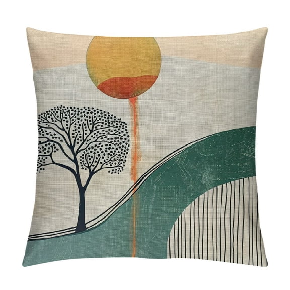 Creowell Mid Century Modern Boho Throw Pillow Cushion Cover, Minimalist Abstract Boho Roundy Stripes and Leaf with Sun, Decorative Square Accent Pillow Case, Amber Champagne Dusk
