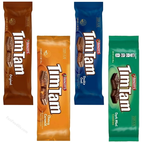 Sampler Tim Tam Choc Cookie Biscuits (Value 4 Packs) Original Choc, Chewy Caramel, Double Coat, Dark Mint, Aussie Made & Loved