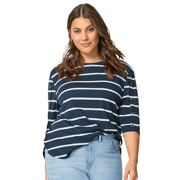 ellos Women's Plus Size Striped Button Sleeve Tee - 34/36, Navy White Stripe